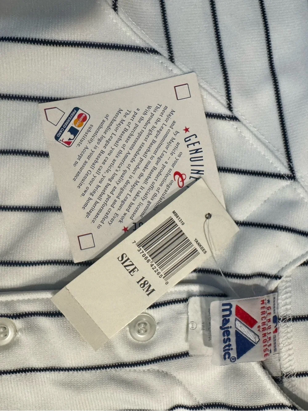 Majestic White Baseball Jersey with Navy Pinstripes - Kids